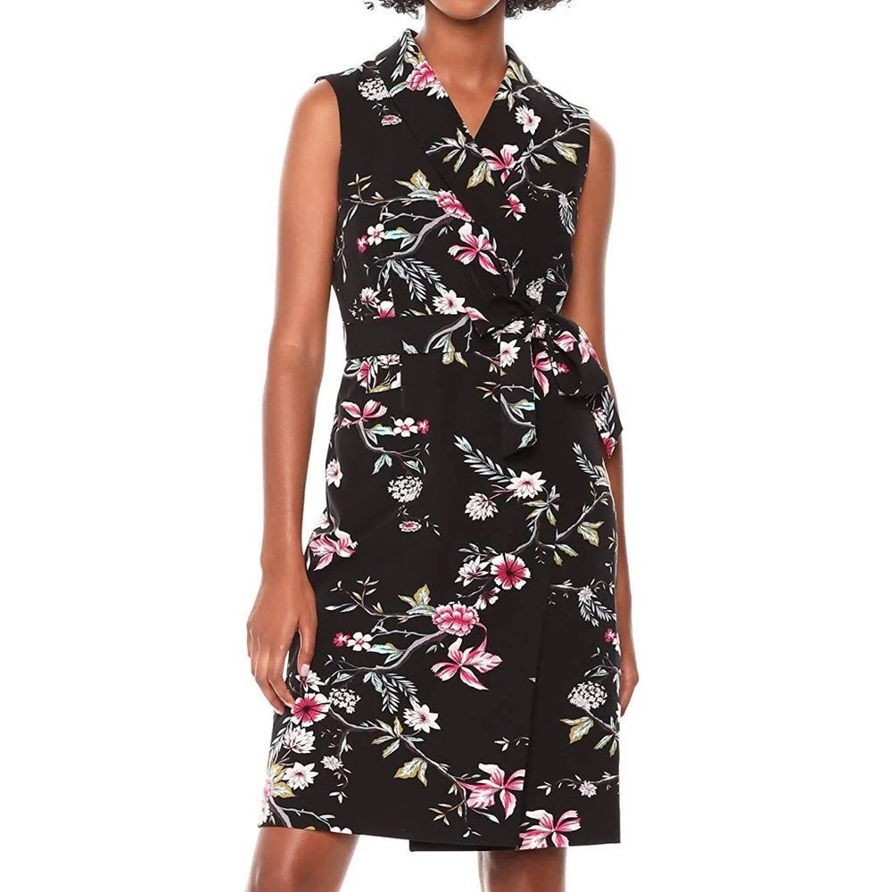 NWT Black Pink Notched Collar Calvin Klein Women Belted Floral-Print Wrap Dress